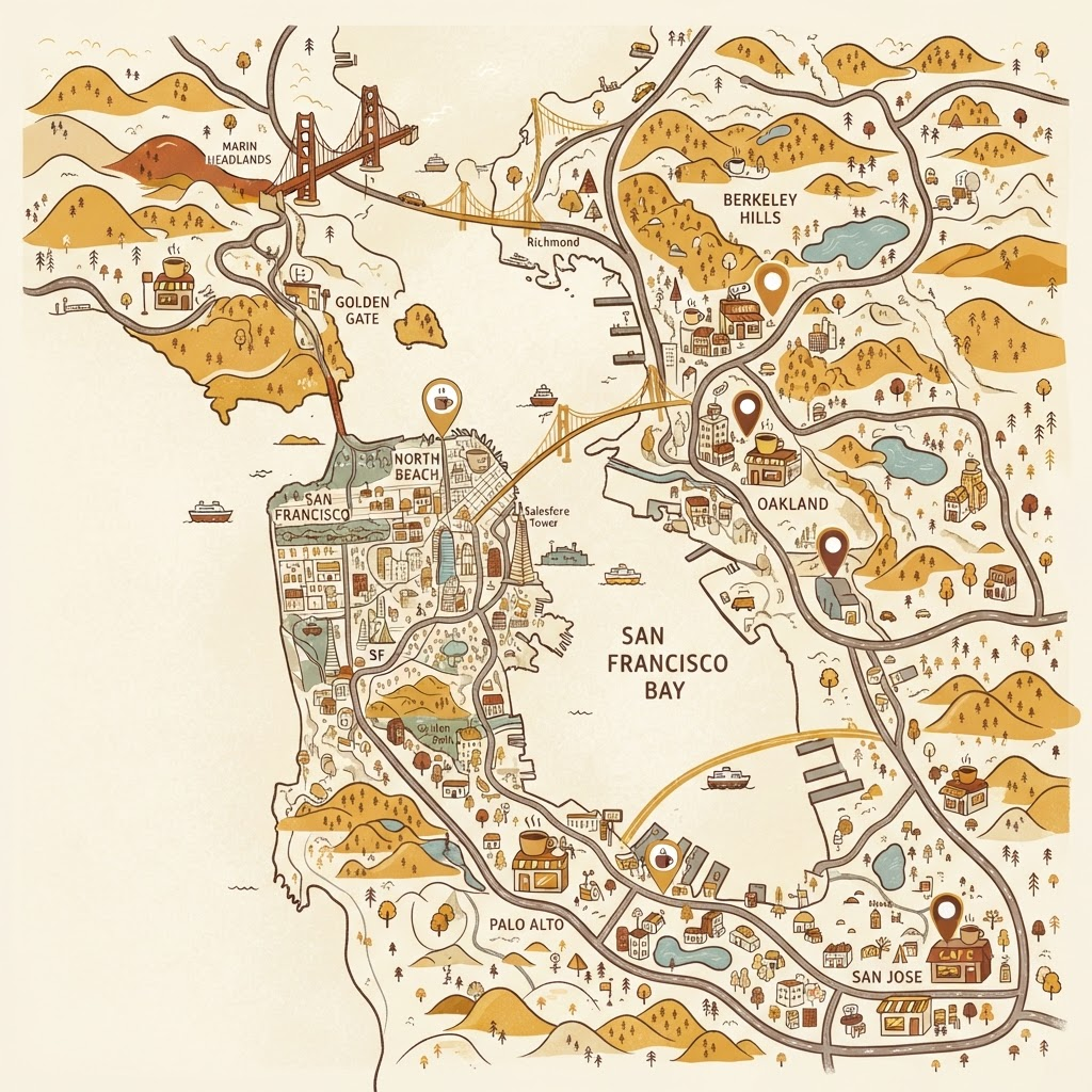 Illustrated map of Bay Area coffee shops with collectible pins